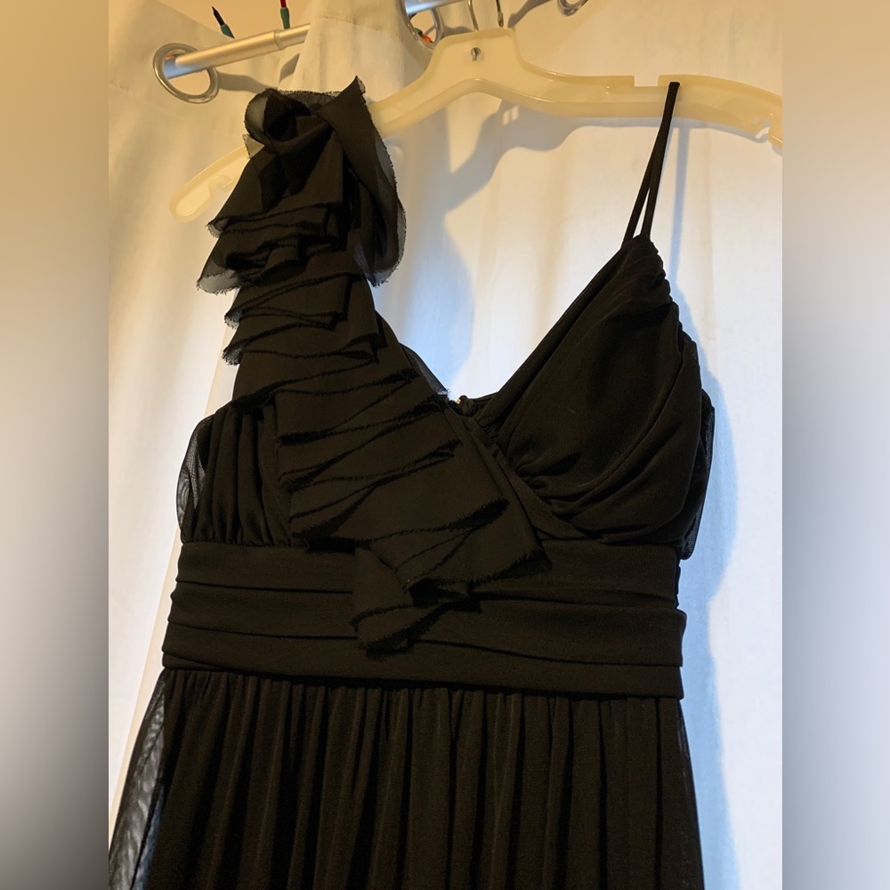 David’s Bridal Black Formal strap dress with ruffle shoulder, size 8, worn once